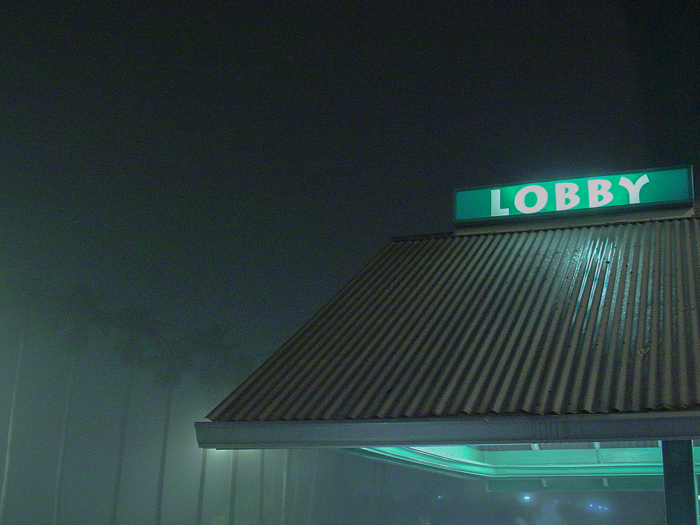A green lobby sign lit on a corrugated metal awning, fog swallowing the trees behind it